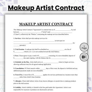 May include: A black and white printed Makeup Artist Contract document featuring sections for services, trial sessions, fees, schedule, cancellation, travel fees, allergies, and liability. A circular icon indicates 1 page and a Word document icon.