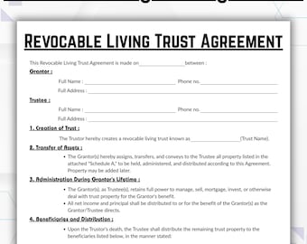 Editable Revocable Living Trust Agreement, Simple Trust Establishment Template, Printable Final Arrangements, Instant Digital Download