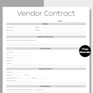 Minimalist Vendor Contract, Simple Event Agreement Template, Printable & Editable Popup Event Vendor, Wedding Contract, Catering Vendor Form