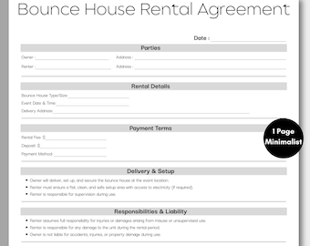 Minimalist Bounce House Rental Agreement, Simple Bounce House Rental Contract Template, Printable & Editable Rental Form Instant Download