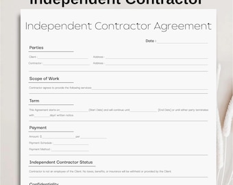 Contratto minimalista per appaltatori indipendenti, accordo commerciale semplice, modulo di contratto stampabile, download immediato in PDF, modificabile in Canva