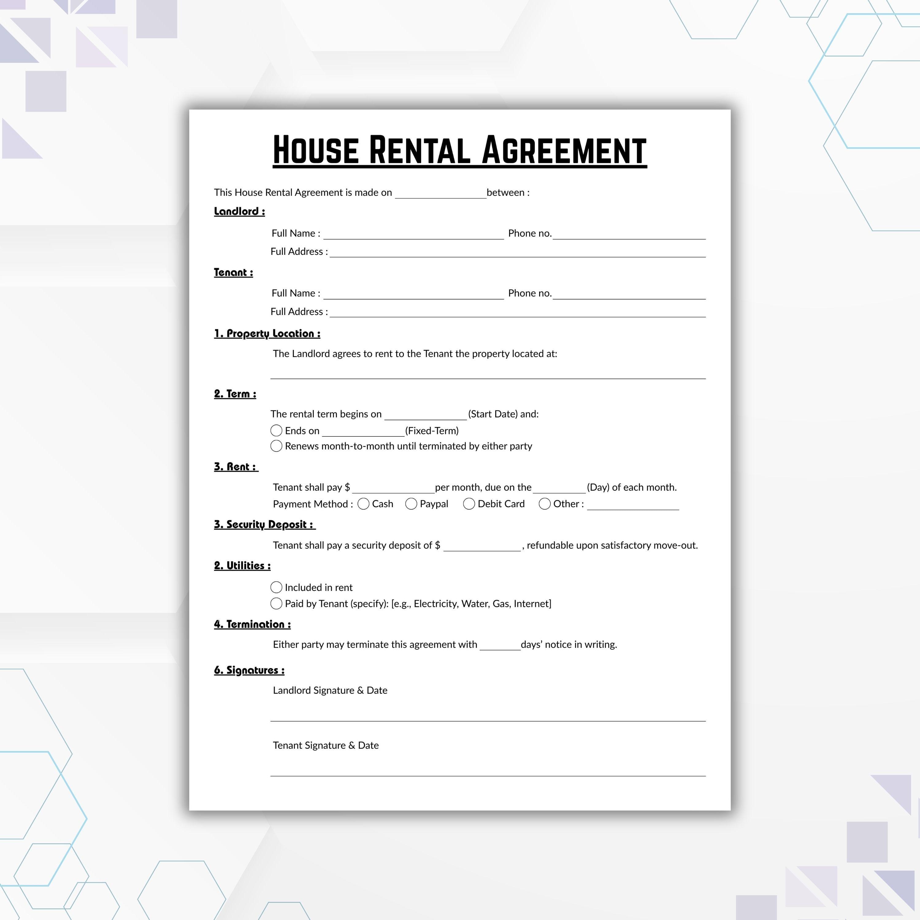 Form House R Editable House Rental Agreement Template, Single Page Landlord Forms ...