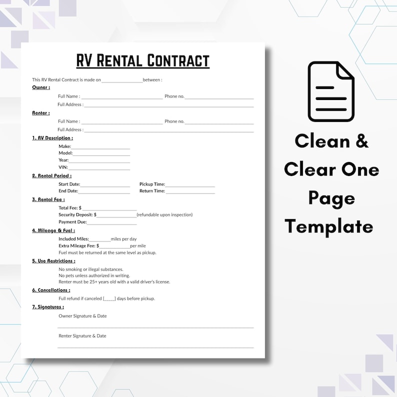 Personal Rv Rental Form Editable RV Rental Agreement Template, Single Page Trailer Rental Form ...