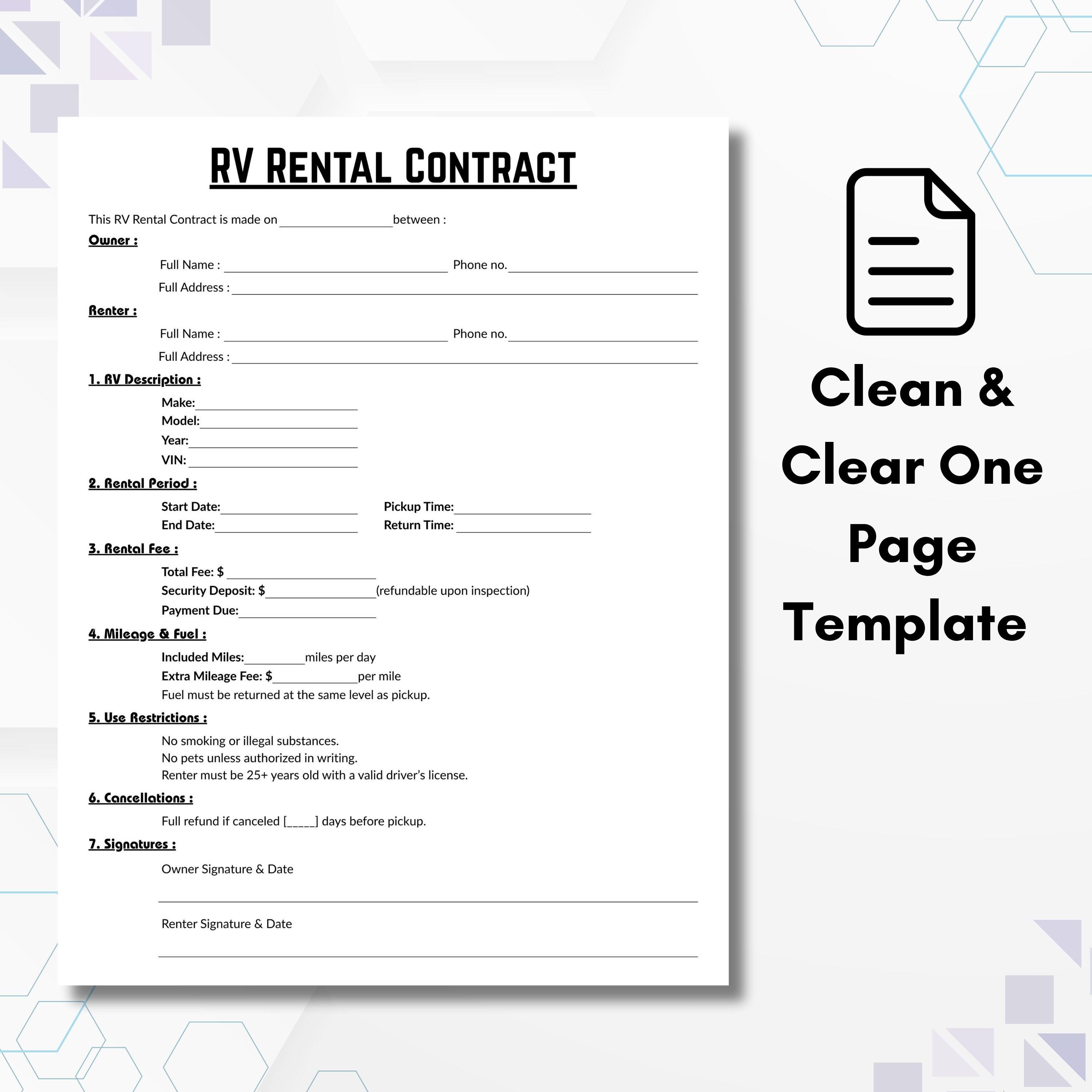 Editable RV Rental Agreement Template, Single Page Trailer Rental Form ...