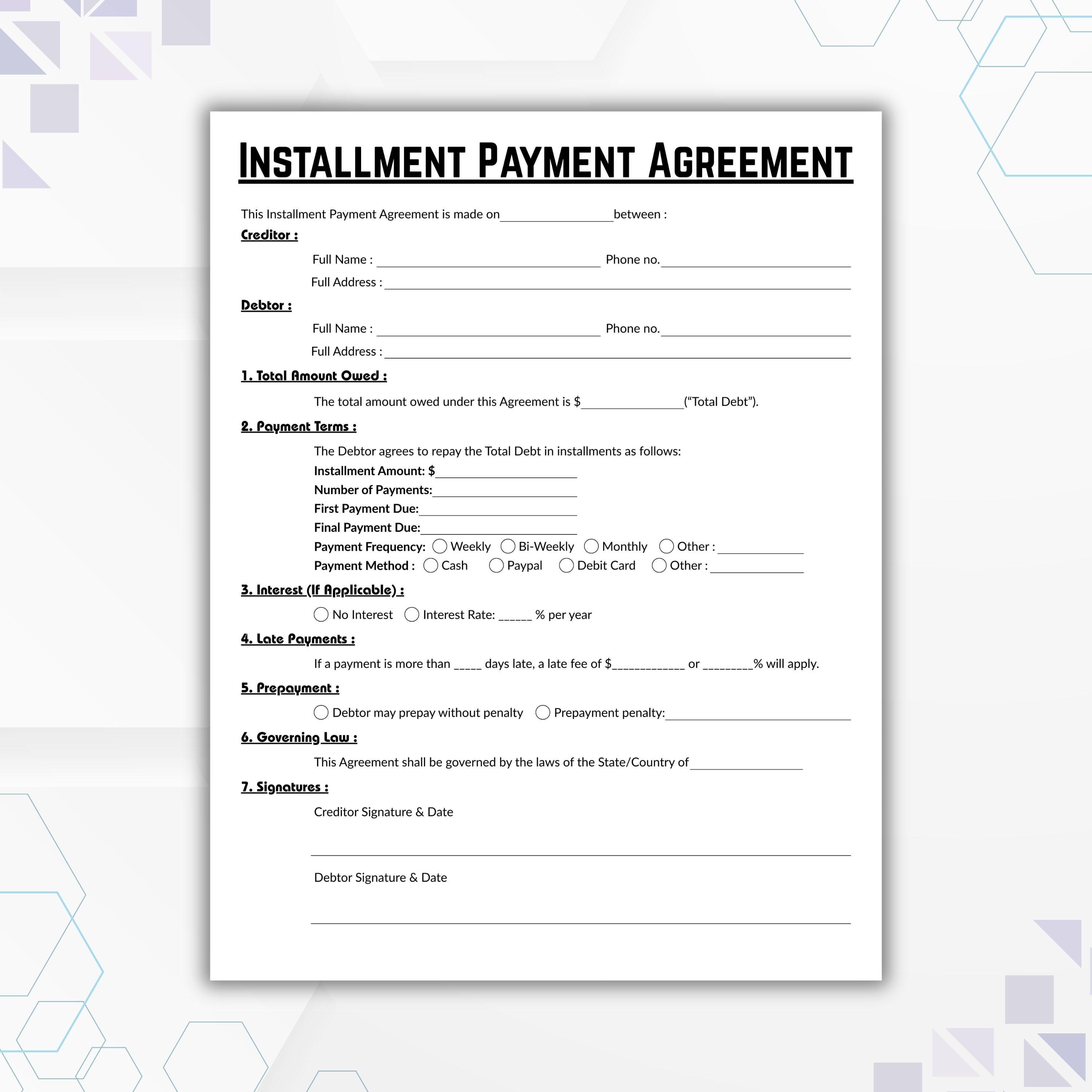 Editable Installment Payment Agreement Template, Single Page Loan ...