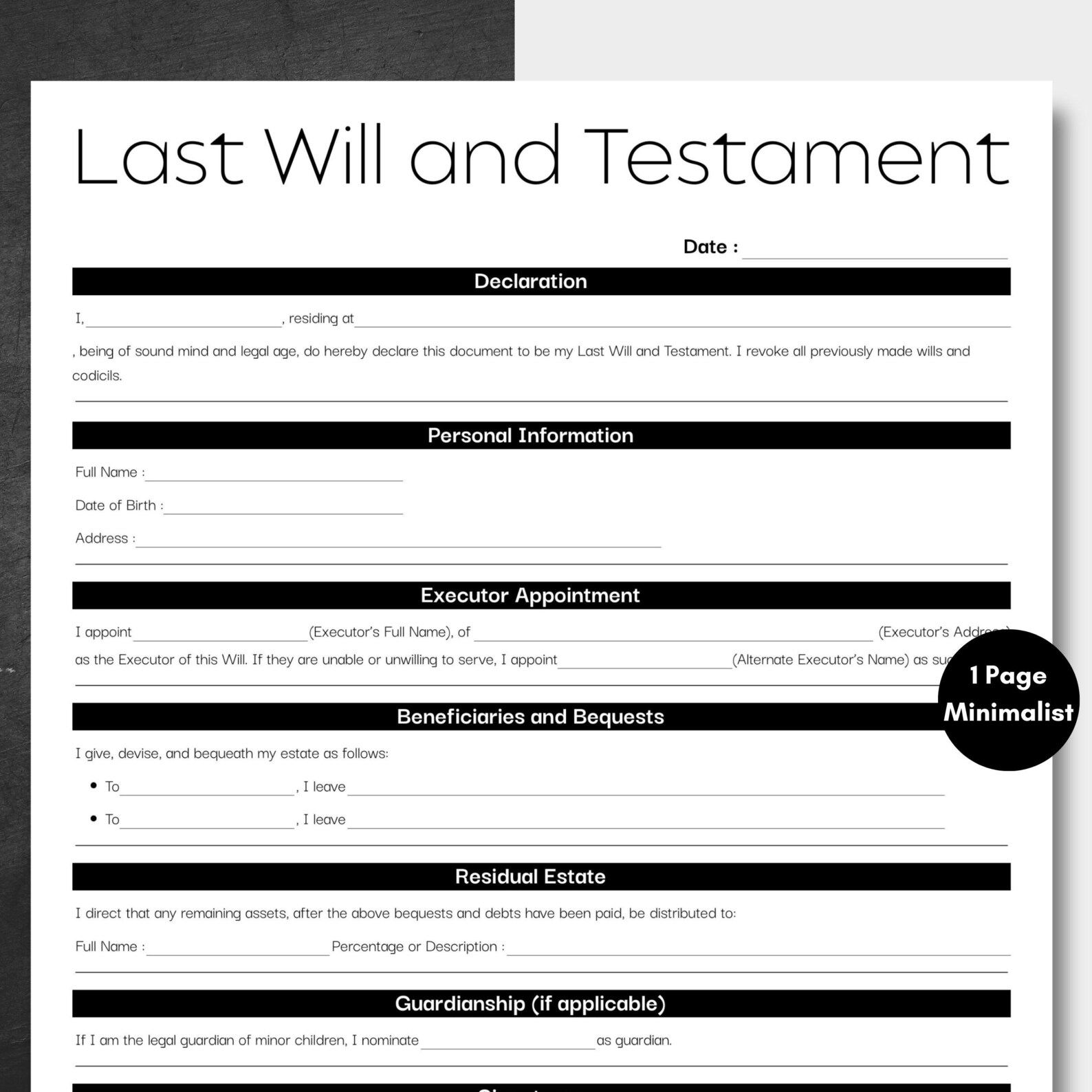 Minimalist Last Will and Testament Black, Simple Testament Form ...
