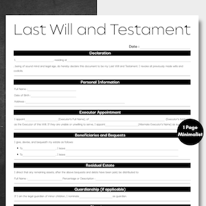 Minimalist Last Will and Testament Black, Simple Testament Form ...