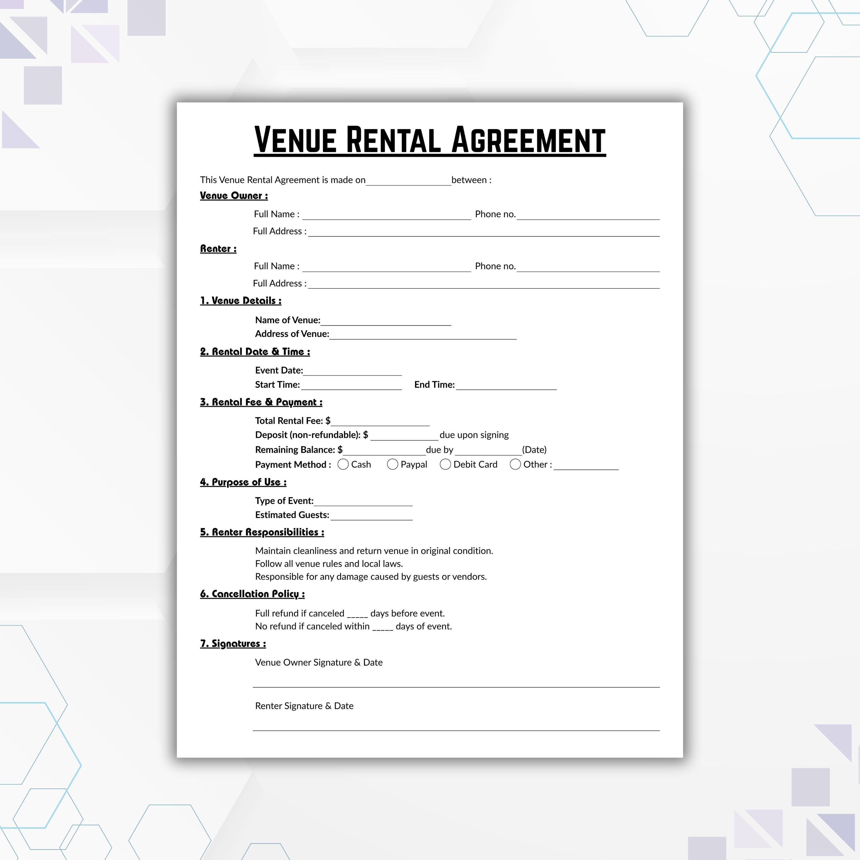 Editable Venue Rental Agreement Template, Single Page Wedding Venue ...