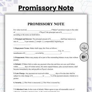 May include: A black and white Promissory Note document template featuring numbered sections for Principal and Interest, Repayment Terms, Prepayment, Default, Late Charge, Security, and Collection Costs, with a 1 Page and Word icon on the right.