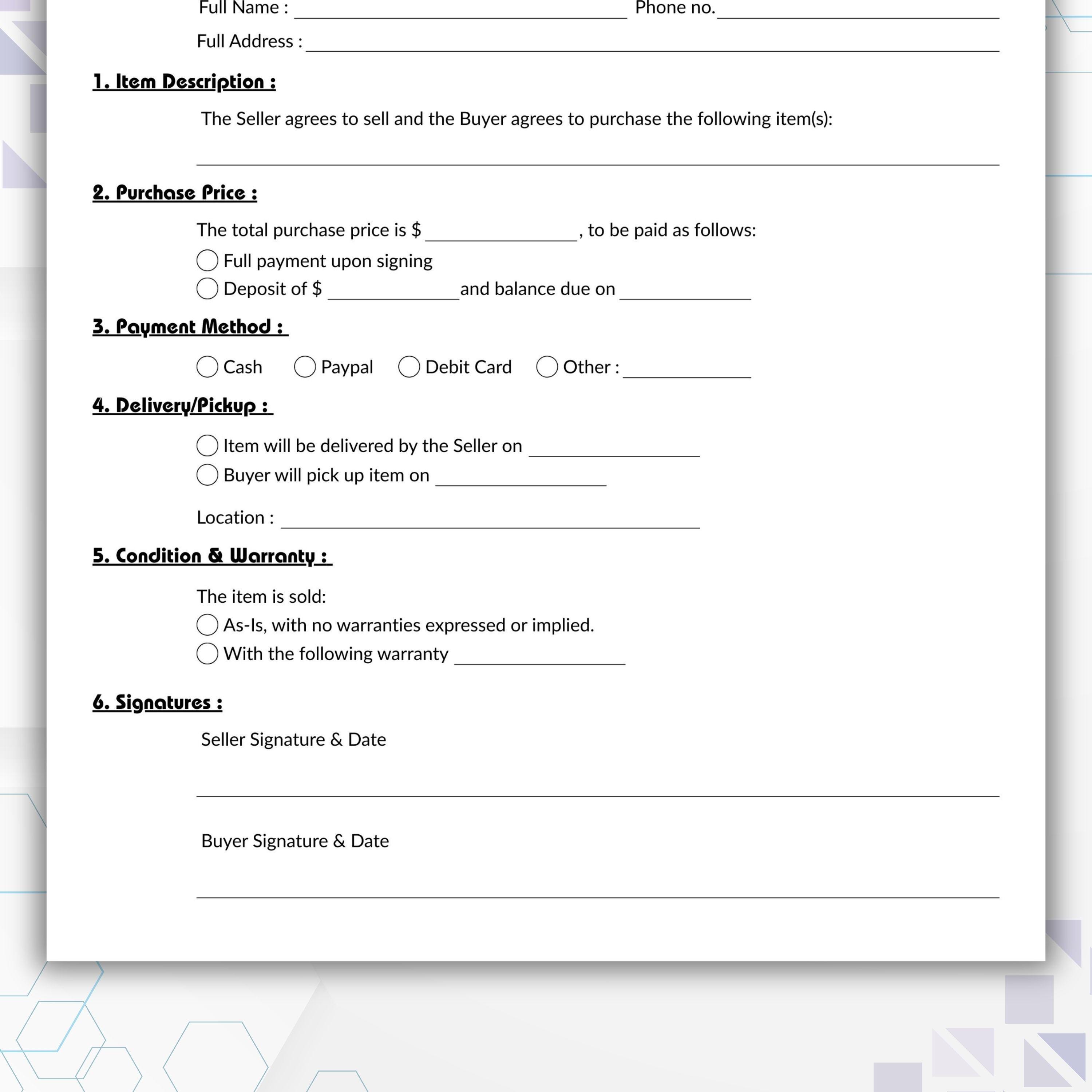 Single Purchase Editable Purchase Agreement Template, Single Page Purchase and Sale ...