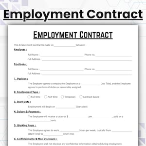 Editable Employment Agreement Template, Single Page Employment Service Contract, Printable Employee Form, HR Employer, Job Agreement
