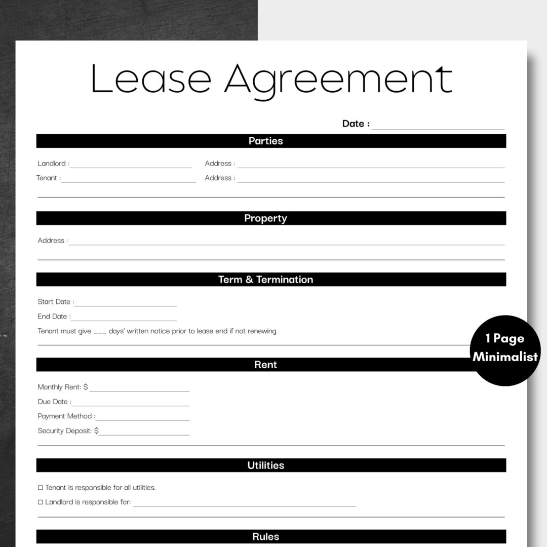 View of Minimalist Residential Lease Agreement Black, Simple Housing Contract Template, Printable Lease ...