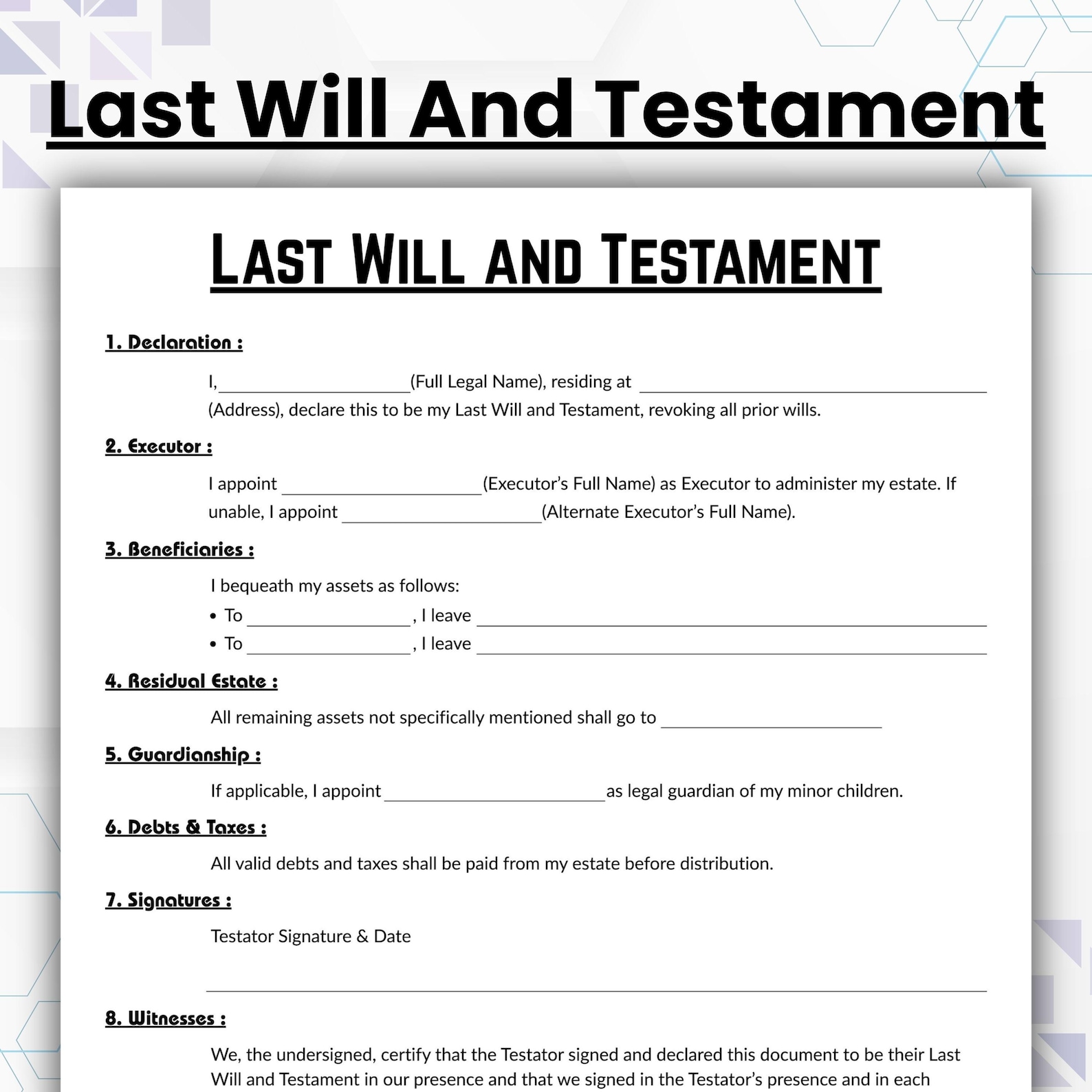 Editable Last Will and Testament Template, Single Page Testament Form ...