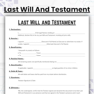 Modello di testamento modificabile, modulo di testamento a pagina singola, modello stampabile per un testamento, testamento personalizzato, modello di testamento base
