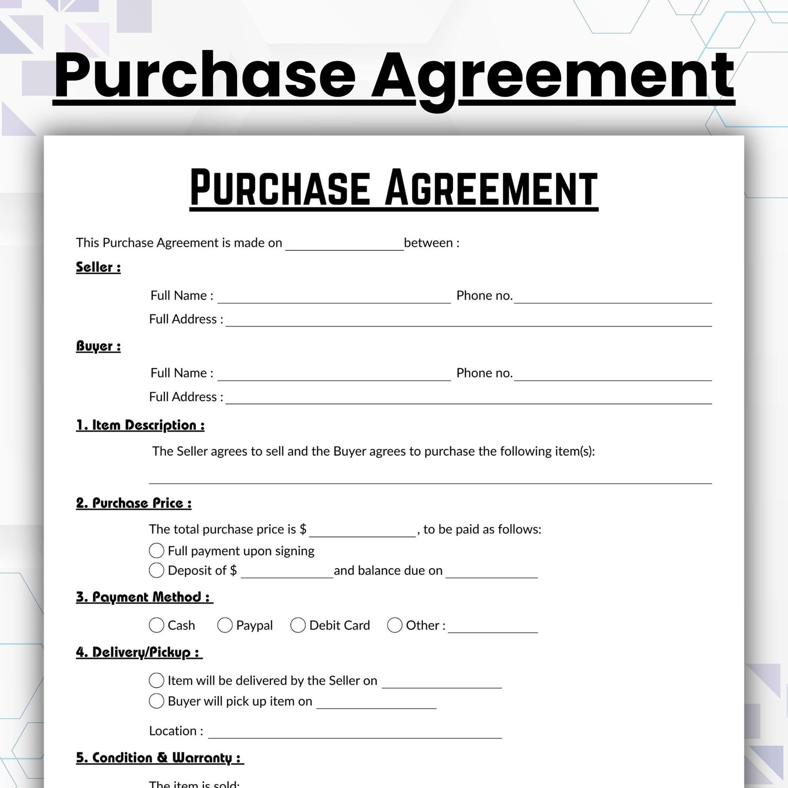 Single Purchase Editable Purchase Agreement Template, Single Page Purchase and Sale ...