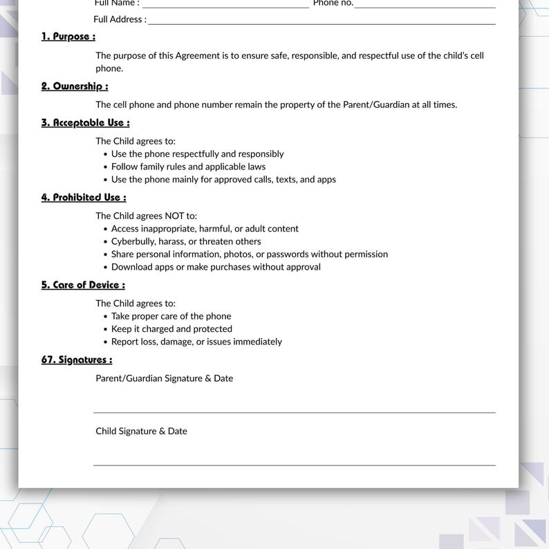 Editable Kids Cell Phone Contract, Simple Agreement With Rules Template ...