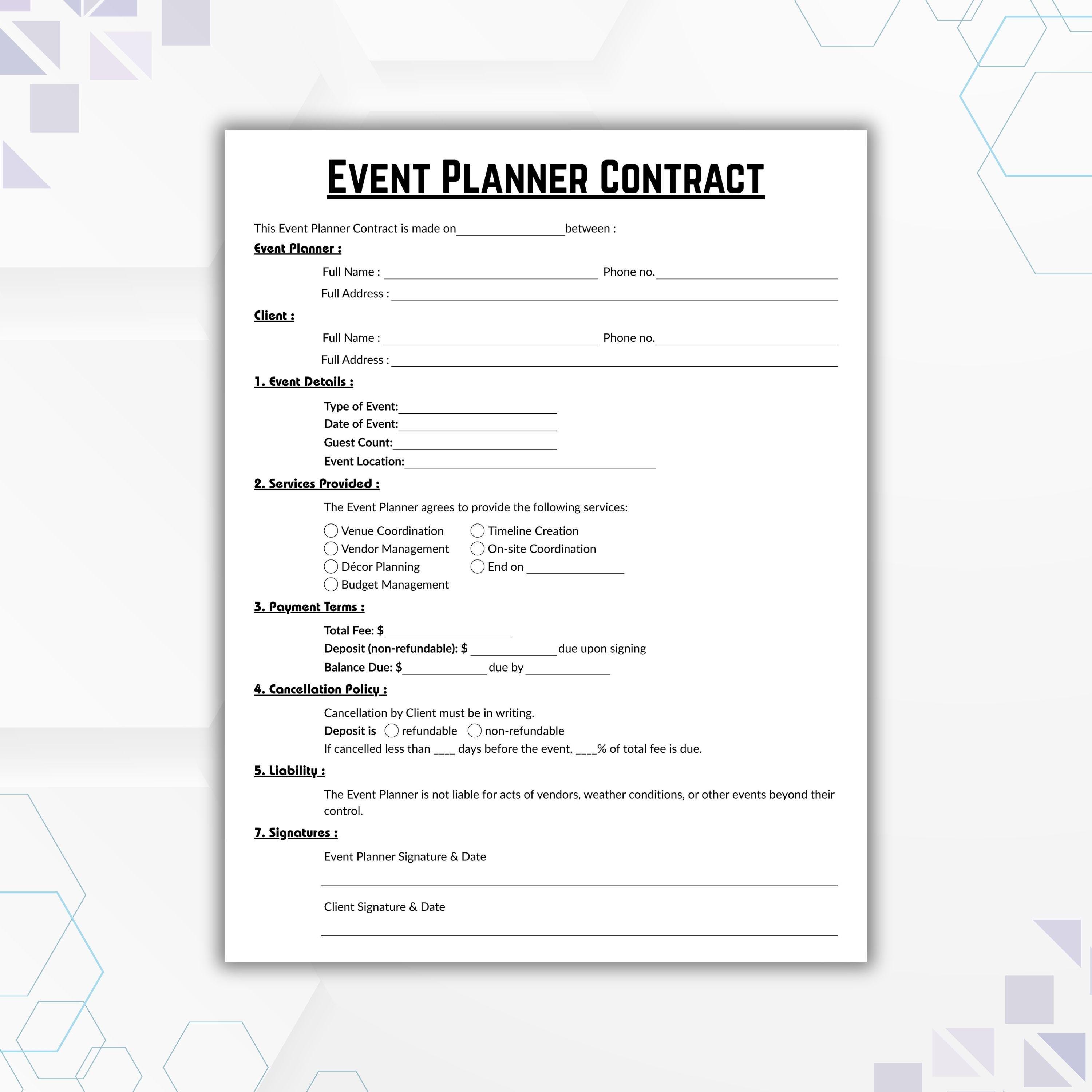 Editable Event Planner Contract Template, Single Page Event Planner ...