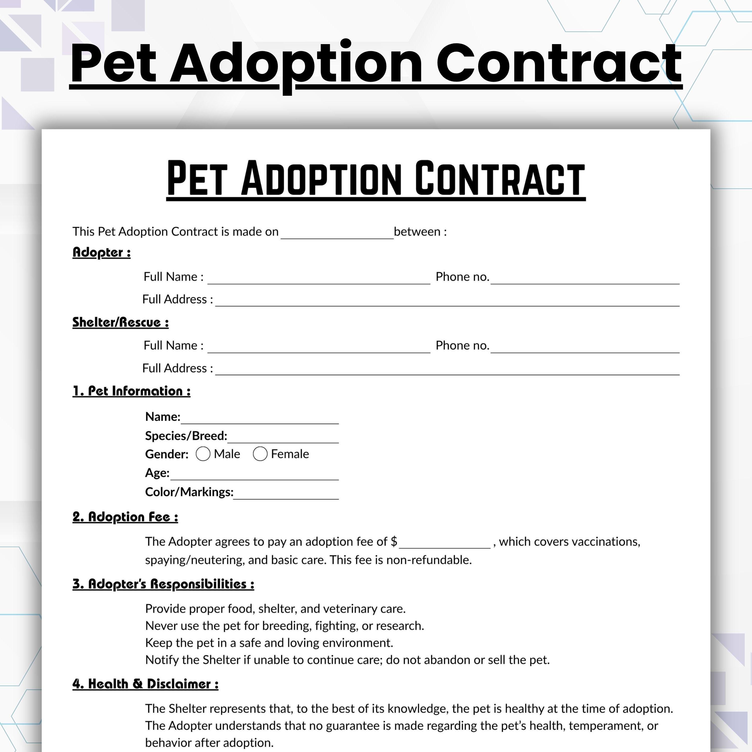 Editable Pet Adoption Contract, Simple Pet Agreement Form Template ...