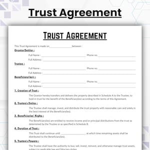 Może przedstawiać: Biały dokument zatytułowany "Trust Agreement" z powtórzonym tytułem w większej czcionce. Dokument zawiera sekcje dla Grantor/Settlor, Trustee i Beneficiary(ies) z miejscami na pełne imiona i nazwiska, adresy i numery telefonów.