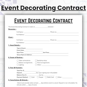Könnte beinhalten: Ein gedruckter Event-Dekorationsvertrag mit dem Titel "EVENT DECORATING CONTRACT" in fetten schwarzen Buchstaben. Der Vertrag enthält Abschnitte für Eventdetails, Leistungsumfang, Gebühren und Zahlungsmethoden.