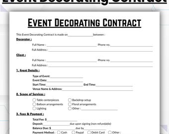 Editable Event Decorating Contract, Simple Event Planning Service Form Template, Printable Decor Rental Agreement, Party Decorator Business