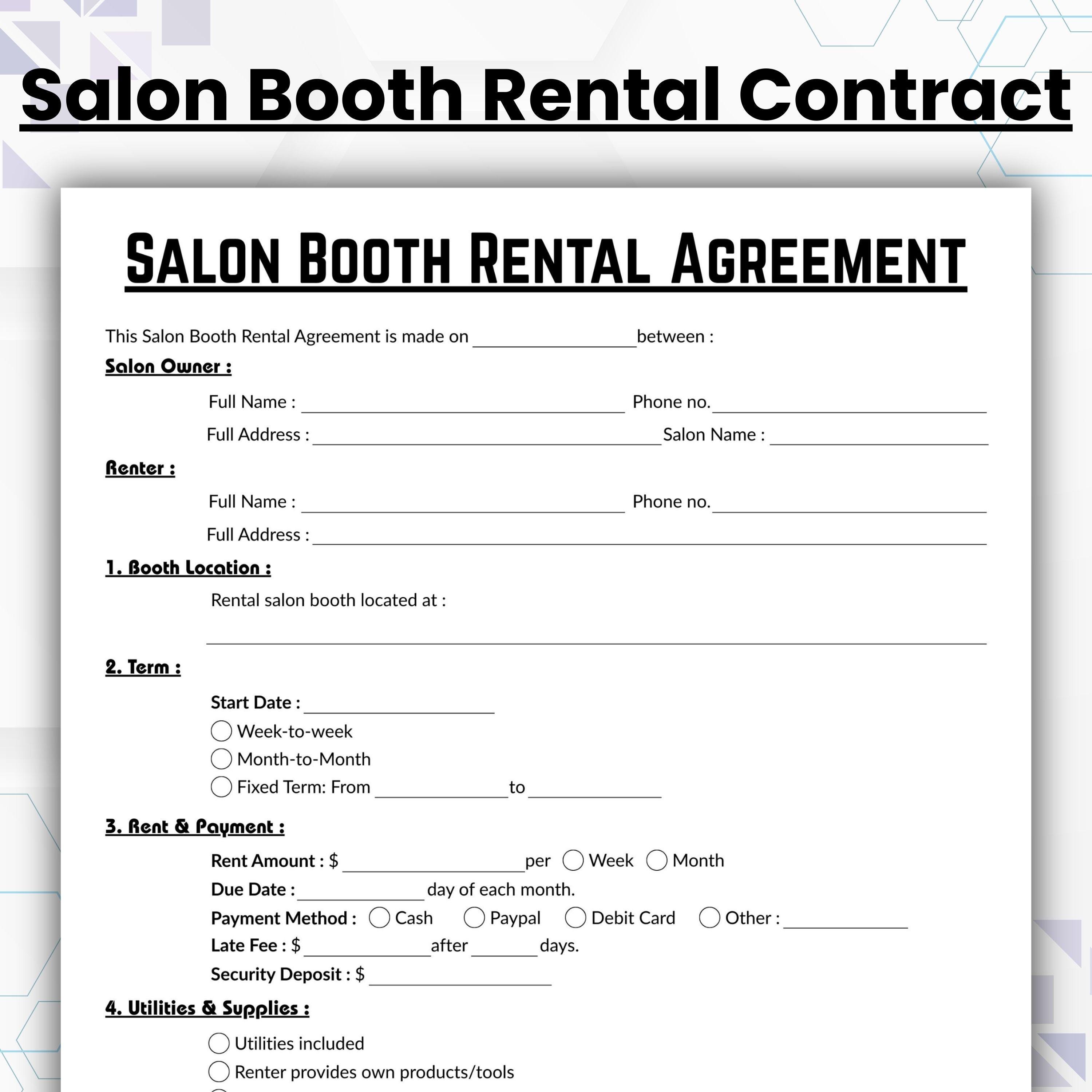 Editable Salon Booth Rental Agreement Template, Single Page Booth