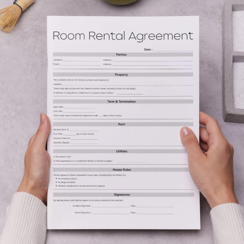 Minimalist Room Rental Agreement, Simple Rental Contract Template ...