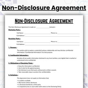 May include: A black and white document with the title "Non-Disclosure Agreement". The document outlines the terms of a non-disclosure agreement, including the purpose, confidential information, obligations of the receiving party, and exclusions.