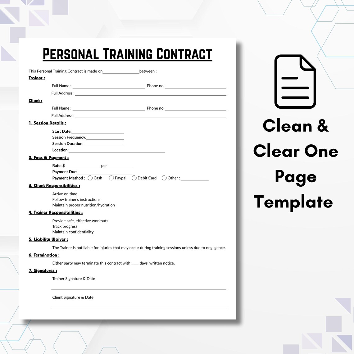 Training Contract Application Example Editable Personal Training Contract Template, Single Page Fitness ...