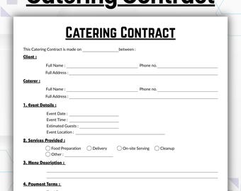 Editable Catering Contract Template, Single Page Catering Service Contract, Printable Catering Business and Food Service Agreement Canva