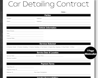 Minimalist Car Detailing Contract Black, Simple Editable Auto Detailing Agreement, Printable Detailing Service Template Instant Download