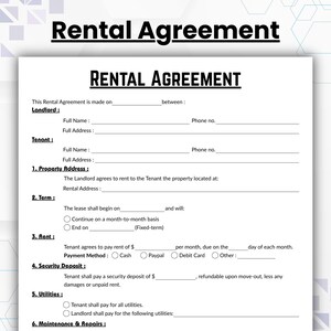 Editable Rental Agreement Template, Single Page Fillable Rental Contract Form, Printable Basic Lease Contract, Landlords Rental, Canva