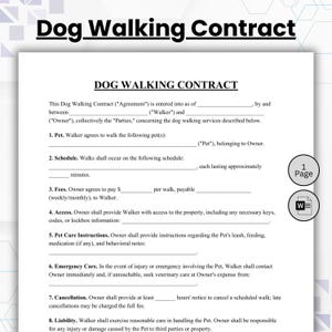 Peut inclure: Un document de contrat de promenade de chien imprimé en noir et blanc comprenant des sections pour les détails de l'animal, le calendrier, les frais, l'accès, les instructions de soins, les urgences, l'annulation et la responsabilité.