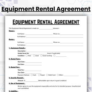 Editable Equipment Rental Agreement Template, Single Page Lease Equipment, Printable Event Equipment Contract, Professional Form Instant PDF