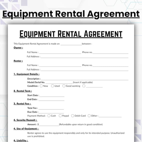 Editable Equipment Rental Agreement Template, Single Page Lease Equipment, Printable Event Equipment Contract, Professional Form Instant PDF