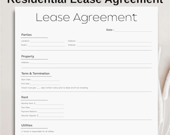 Minimalist Residential Lease Contract, Simple Housing Agreement Template, Editable Rental Agreement form, Printable Lease Contract PDF