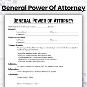 Editable General Power of Attorney Template, Single Page POA Form, Printable Legal Contract, Customizable General POA, Simple Canva form