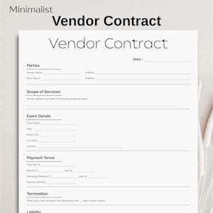 Minimalist Vendor Contract Template, Simple Event Agreement, Printable Popup Event Vendor, Wedding Contract, Editable Catering Vendor Form