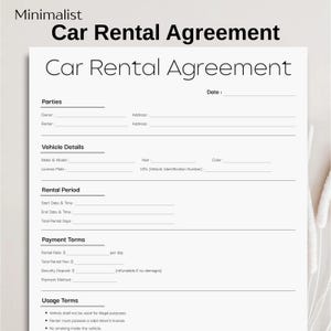Minimalist Car Rental Contract Template, Simple Car Rental Agreement, Editable Vehicle Lease Form, Printable Vehicle Renting Agreement