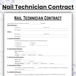 May include: A white Nail Technician Contract with black text. The document includes sections for client and technician details, services provided, appointment details, service fees, and cancellation policy.