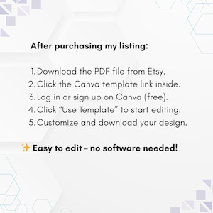 Pu&ograve; includere: Sfondo bianco con testo: "Dopo aver acquistato il mio annuncio: 1. Scarica il file PDF da Etsy. 2. Clicca sul link del modello Canva all'interno. 3. Accedi o registrati su Canva (gratis). 4. Clicca su 'Usa modello' per iniziare a modificare. 5. Personalizza e scarica il tuo design. Facile da modificare - nessun software necessario!"