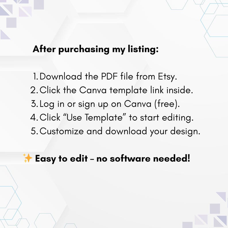 Pu&ograve; includere: Sfondo bianco con testo: "Dopo aver acquistato il mio annuncio: 1. Scarica il file PDF da Etsy. 2. Clicca sul link del modello Canva all'interno. 3. Accedi o registrati su Canva (gratis). 4. Clicca su 'Usa modello' per iniziare a modificare. 5. Personalizza e scarica il tuo design. Facile da modificare - nessun software necessario!"