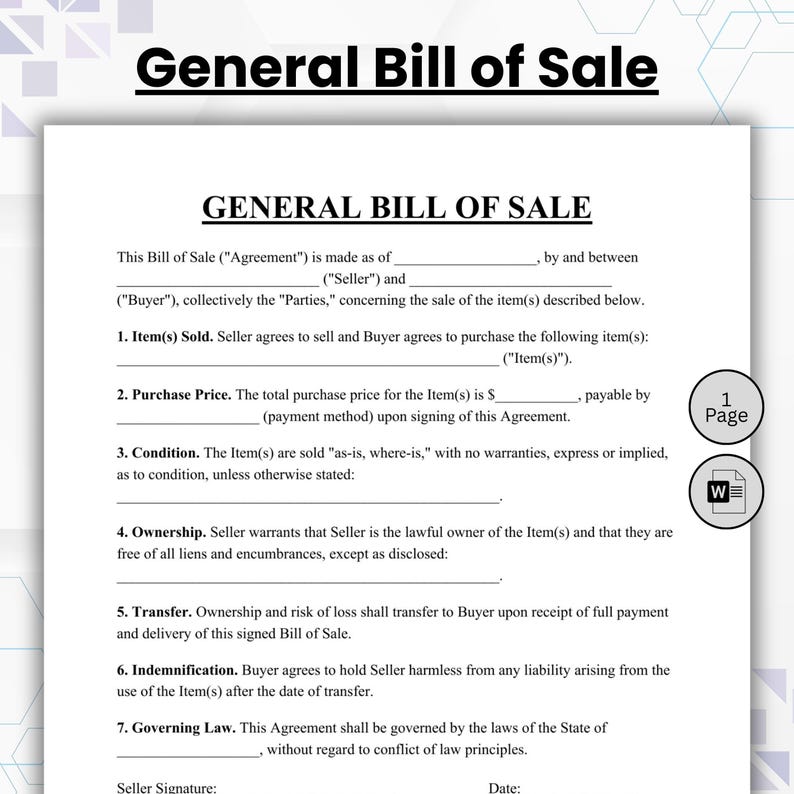 General Contract Example Editable General Bill of Sale Template, Printable Customizable Bill of ...