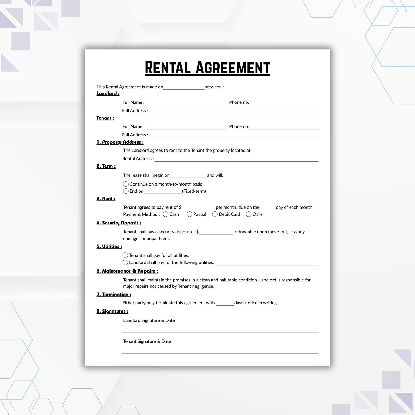 Editable Rental Agreement Template, Single Page Fillable Rental ...