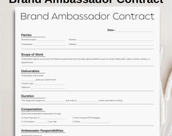 Minimalist Brand Ambassador Contract Template, Simple Editable Influencer Collaboration Agreement, Printable Social Media Instant Download
