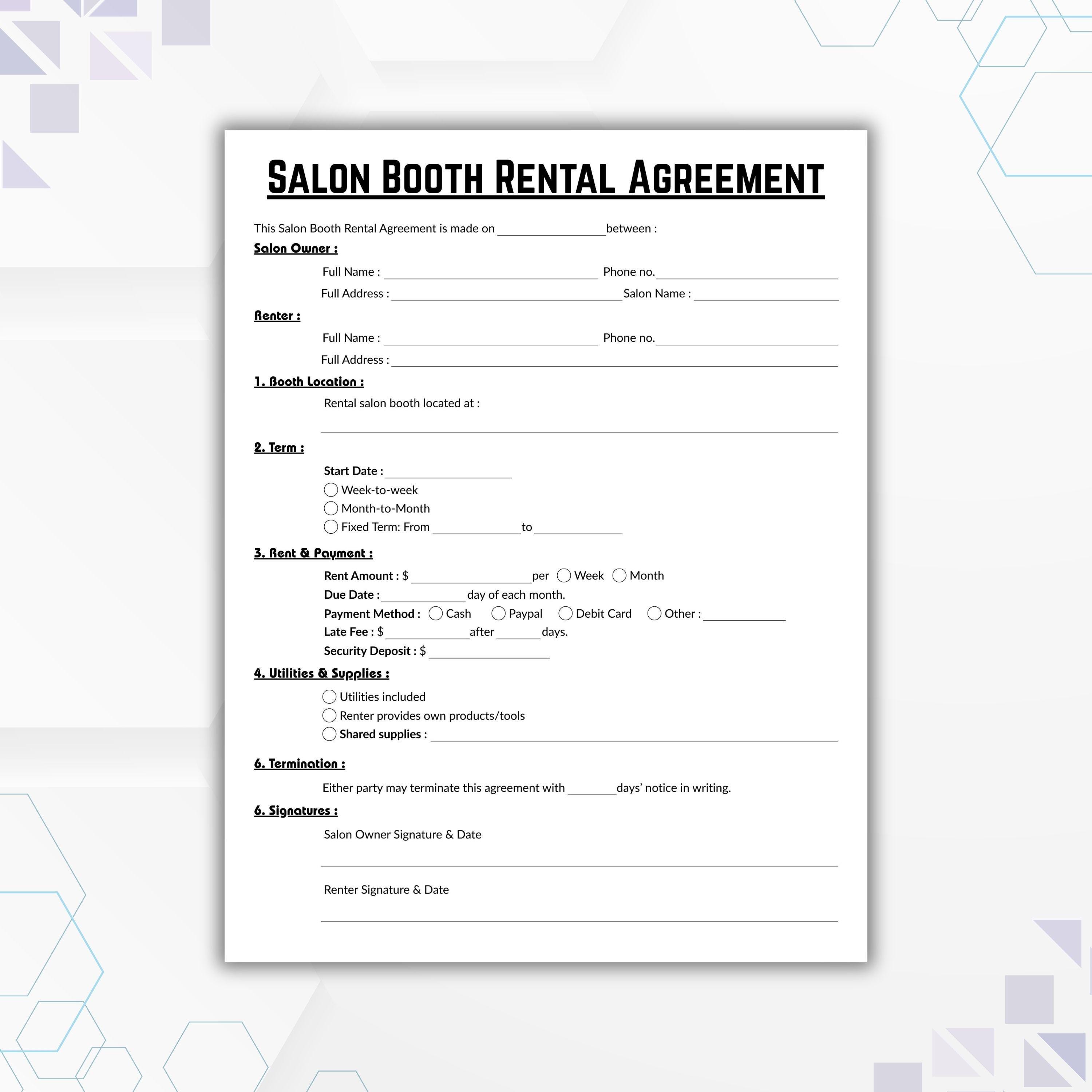 Editable Salon Booth Rental Agreement Template, Single Page Booth ...