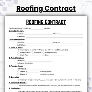 Editable Roofing Contract Template, Single Page Contractor Service Contract Form, Printable Roofer Contract, Roofing Work Agreement, Canva