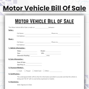 Editable Motor Vehicle Bill of Sale Agreement Template, Single Page Car Sale form, Printable Bill of Sale Agreement. Bill of Sale Form PDF