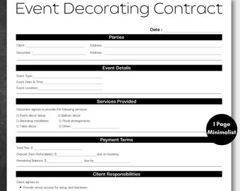 Minimalist Event Decorating Agreement, Printable Party Decor Rental Contract, Simple Editable Event Planning Service, Instant Download