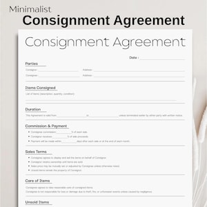 Könnte beinhalten: Eine minimalistische Vereinbarungsvorlage für eine Konsignationsvereinbarung mit dem Titel "Consignment Agreement" in fetter schwarzer Schrift. Das Dokument enthält Abschnitte für Parteien, Artikel in Konsignation, Dauer, Provision, Verkaufsbedingungen, Pflege der Artikel und unverkauften Artikeln. Der Hintergrund ist weiß.